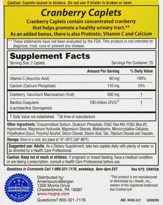 Cranberry Supplement with Probiotic, Vitamin C & Calcium Caplets